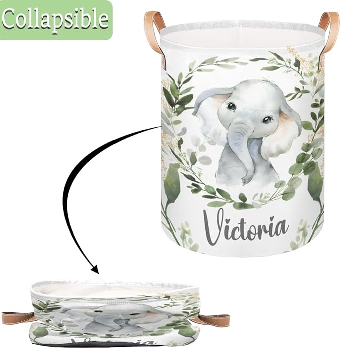 Personalized Laundry Basket, Custom Gift Laundry Hamper, Collapsible Nursery Waterproof Laundry Baskets, Dirty Clothes Toy Hamper with Handles Jungle Elephant