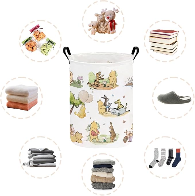 Greatingreat Winnie Baby Laundry Basket, Foldable Small Hamper with Canvas & PE Coating, Collapsible Portable Clothes Organizer for Nursery, Home, Bedroom Storage (White)