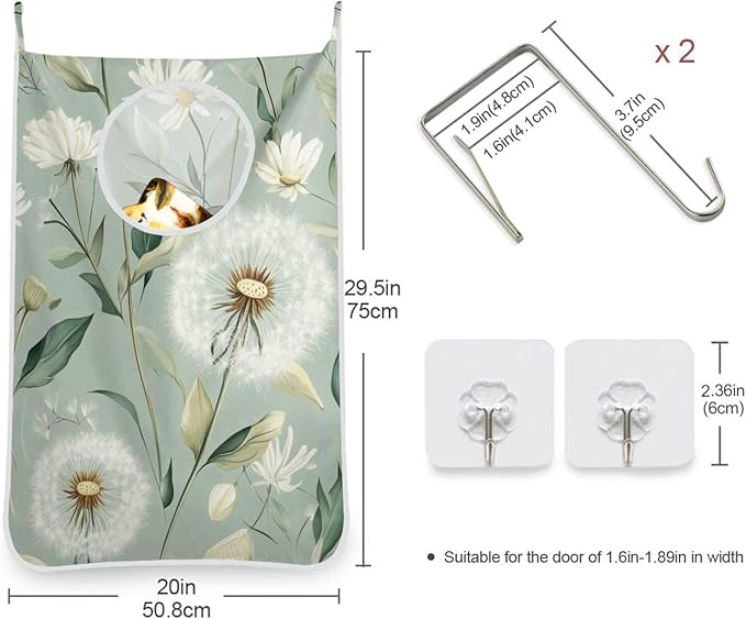 Sage Green Dandelions Door Hanging Laundry Hamper Bag with Free Adjustable Stainless Steel Hooks Dirty Clothes Hamper Extra Large Over the Door Laundry Hamper 29.5X20inch 2PACK