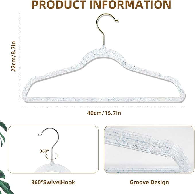Clear Plastic Hangers 20 Pack - Non-Slip with Blue Glitter - Lightweight and Space Saving for Closet Organization, Perfect for Weddings.