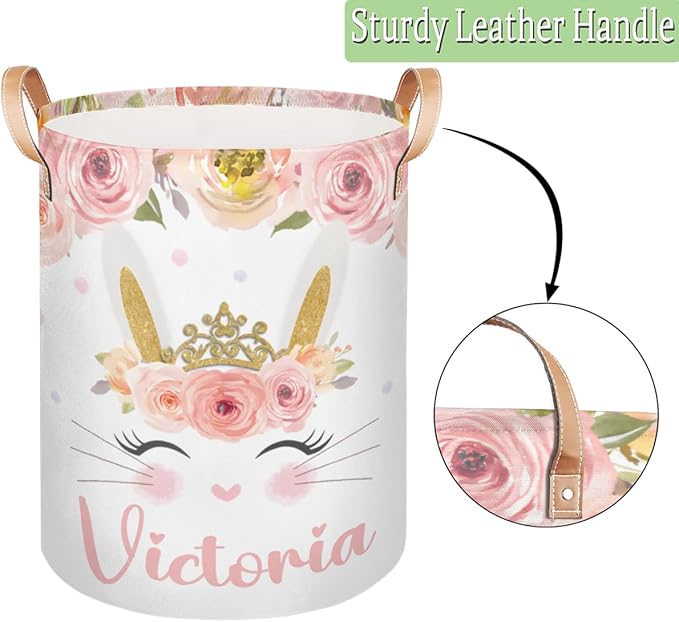 Personalized Laundry Basket, Custom Gift Laundry Hamper, Collapsible Nursery Waterproof Laundry Baskets, Dirty Clothes Toy Hamper with Handles Pink Floral Cute Bunny