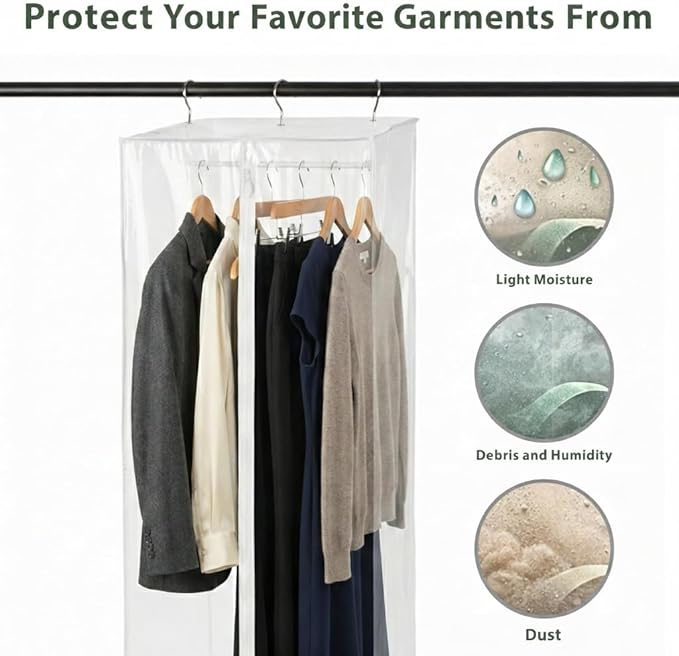 Garment Bag - Clear Hanging Closet Organizer - Durable Zippered Cover with Rod Protects Dresses, Suits, and Jackets from Dust and Moist- Top Metal Frame to Keep All Your Stuff in Shape- 54" x 20" x 15