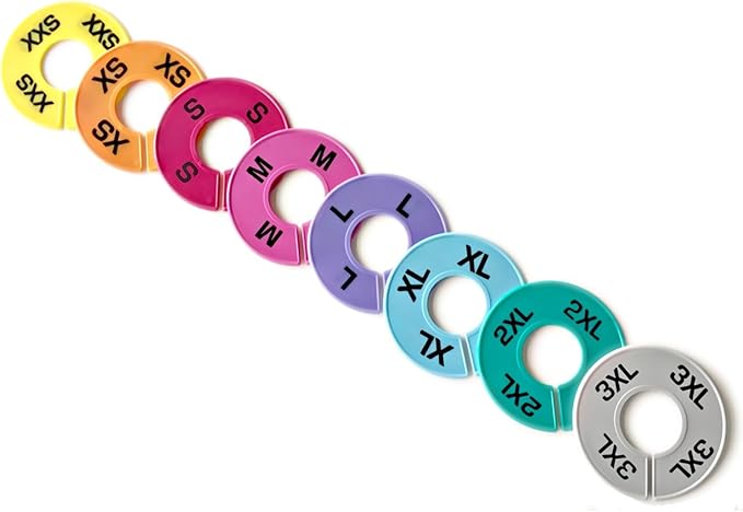 Set of Colored Clothing Round Rack Size Dividers (XXS - 3XL) Various Quantities Available (32)