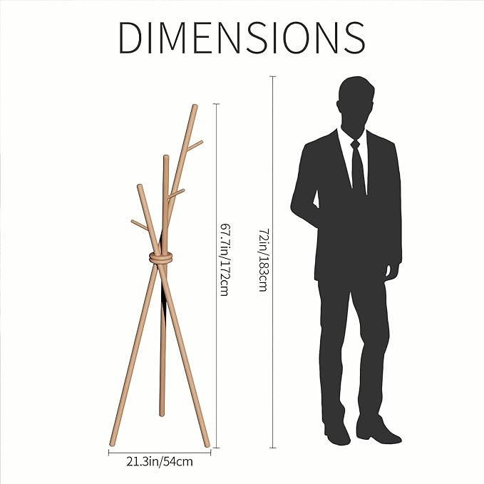 VICITON Wooden Coat Rack, Tripod Coat Tree Freestanding with 3 Hooks for Clothes, Hats and Handbags, Coat Hanger Stand for Bedroom, Living Room, Entryway (Light)