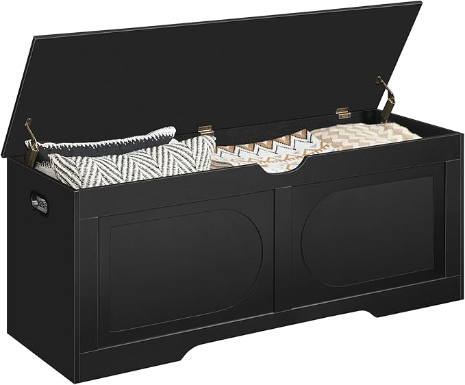 Storage Chest, 47.2” Toy Box, Entryway Storage Trunk, Shoe Bench with Storage, Engineered Wood Storage Cabinet with 2 Safety Hinges, Entrance Bench for Bedroom, Living Room, Black SCBK2201