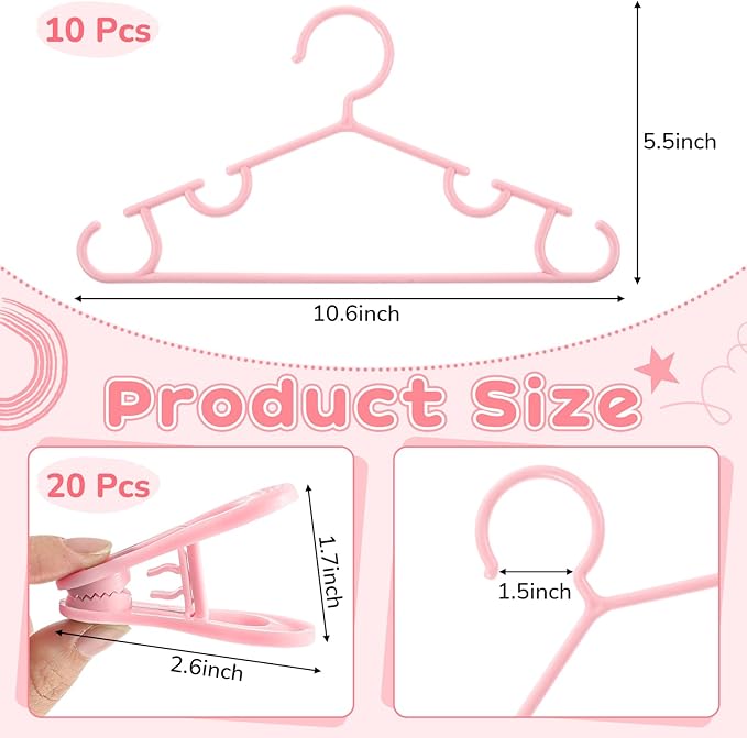 Hsei 5/10/40 Pack Baby Hangers with 10/20/80 Clips, Plastic Kids Pants Hangers for Nursery Closet Top and Bottom Clothes Hanger Set for Newborn Infant Toddler(30 Packs Total,Pink,10.6 Inch)