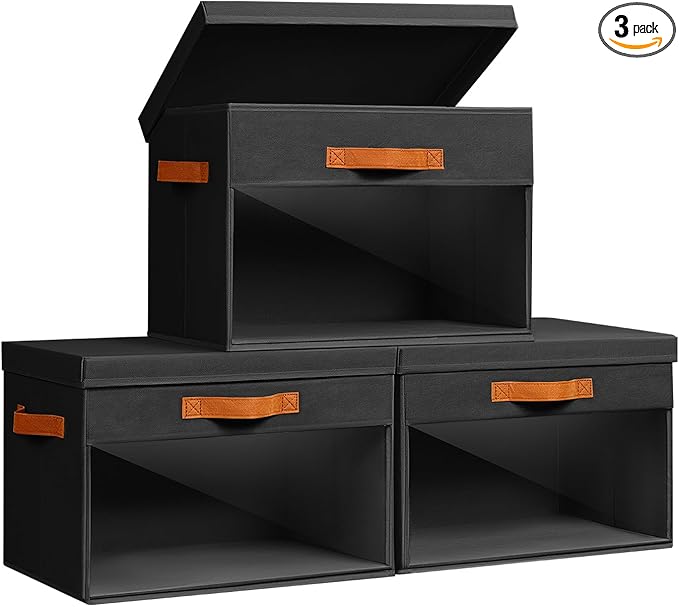 Large Storage Bins with Lids - 3 Pack Foldable Decorative Organizers with Clear Windows & Handles, Cube Storage Organizers for Clothes, Blankets, Sweaters, Sheets, Black