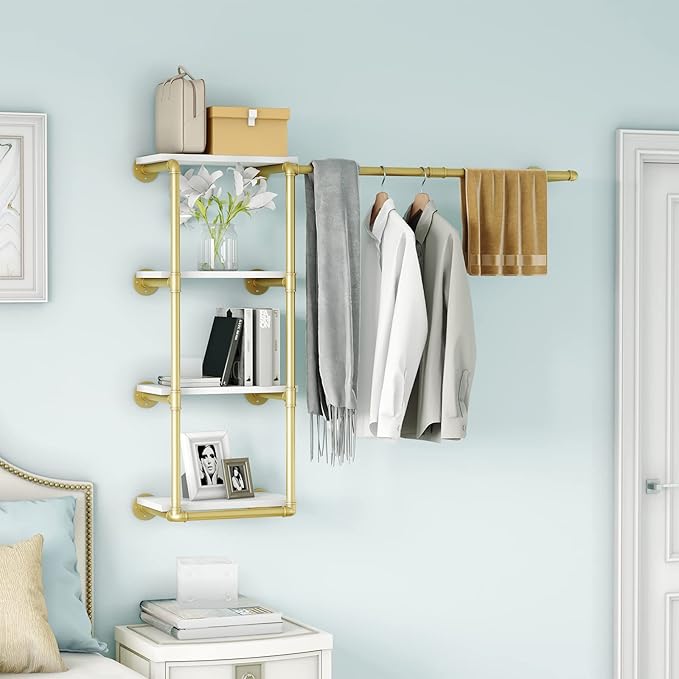 Wall Mounted Pipe Clothing Rack with Shelf,Gold Industrial Clothes Rack with 4 Tier Closet Bar Heavy Duty Iron Garment Rack, Retail Display Clothes Rod for Hanging Clothes,Laundry Room (Gold)