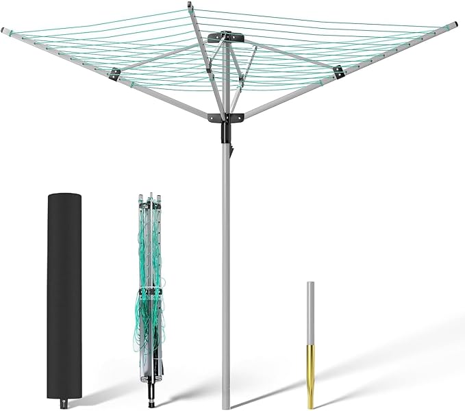 tonchean Rotary Umbrella Drying Rack, Adjustable Height Rotary 4-arm Umbrella Clothesline for Laundry Outdoors Dryer Collapsible Clothes Drying Rack | 12-Lines with 165 ft. Clothesline