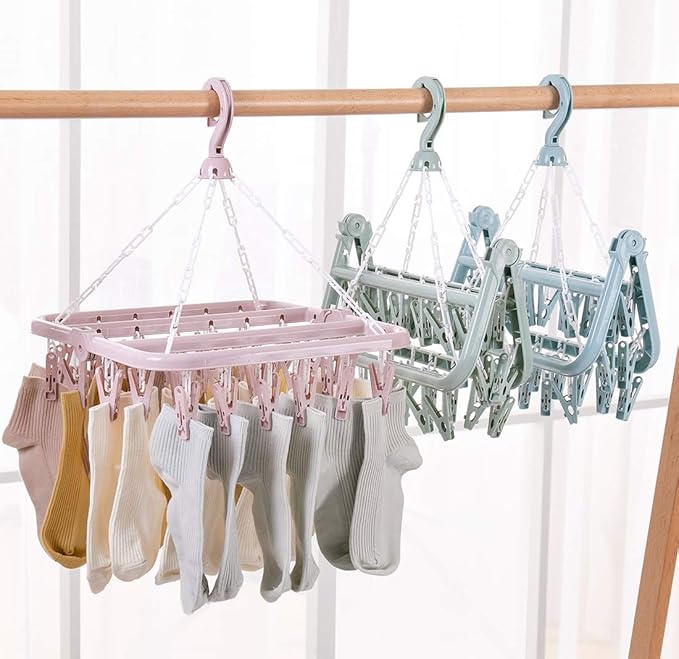 Laundry Hangers with 32 Clips,Clothespin Rack Foldable Laundry Drying Rack Drip Hanger for Drying Socks,Bras,Towel,Underwear,Hat,Scarf,Pants,Baby Clothes,Cloth Diapers,Gloves (Purple)