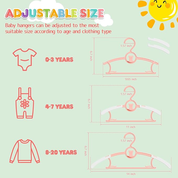 Baby Hangers, 11-14 Inch Extendable Kid Hangers - 60 Pack, Non-Slip, Stackable, Space Saving, Pink
