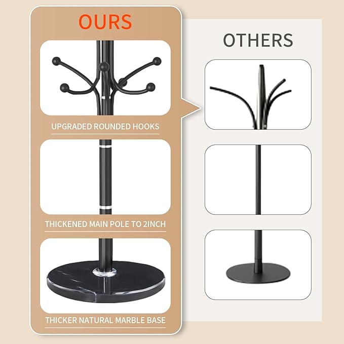 Metal Coat Rack Stand, Modern Freestanding Coat Rack with Natural Marble Base, Black Coat Racks and Coat Hall Tree Hanger Stand for Entryway, Hallway, Office (12 HOOKS)