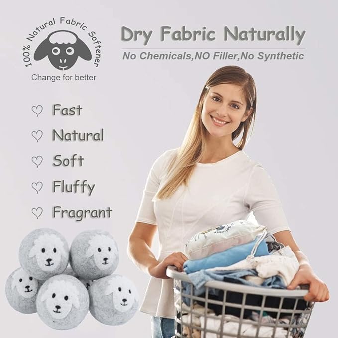Wool Dryer Balls Organic XL 6-Pack, 100% New Zealand Chemical Free Fabric Softener for 1000+ Loads, Baby Safe & Hypoallergenic, Reduce Wrinkles & Shorten Drying Time Naturally (Grey Sheep)