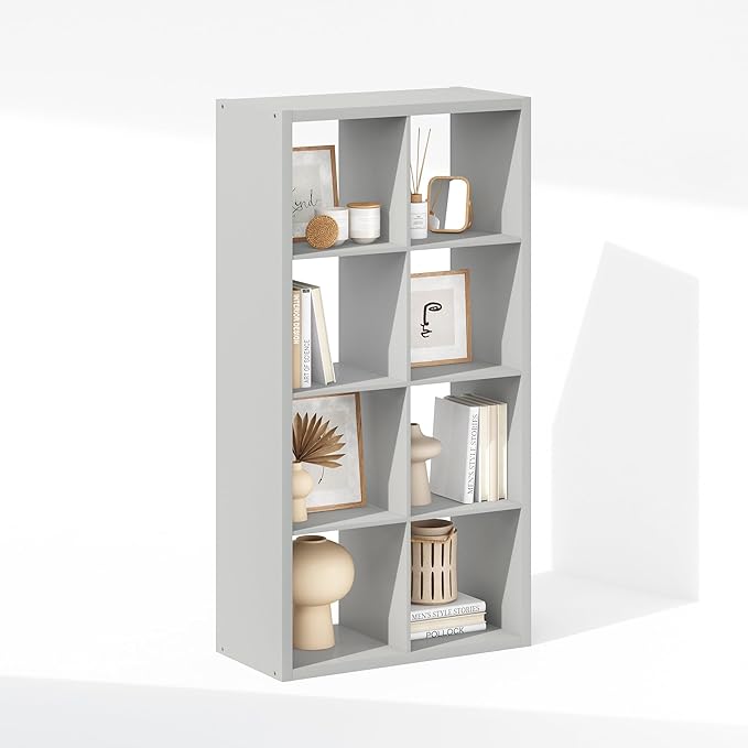 Furinno Simple Cube Storage Organizer, 8-Cube Display Shelf, Open Back Shelving Unit, Storage Shelves, Extra Thick Frame, for Organization and Storage, Living Room, Home Office, Light Grey