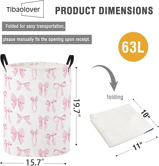 Baby Laundry Basket Baby Nursery Hamper Kids Laundry Basket Toy Storage Bin for Boys Room Decor Gift Baskets for Bedroom Bathroom(Pink Bowknot)