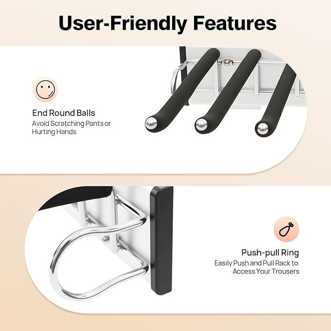 9 Arms Steel Slide Out Pants Rack Closet Pants Hanger Bar Pull Out Trousers Rack Tie Belts Scarf Racks, Wardrobe Clothes Organizers Rail Pull Out Closet Storage Rod-(Left Side Mounts)