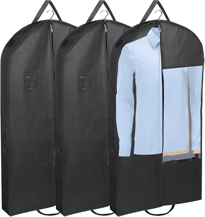 Garment Bags for Hanging Clothes and Travel with 4" Gusseted, Suit Cover for Clothes,Coats,Suit,Jackets,Dress,Shirts,Skirt. (Black-43"-3pcs-Double zipper-Non-woven Fabric)