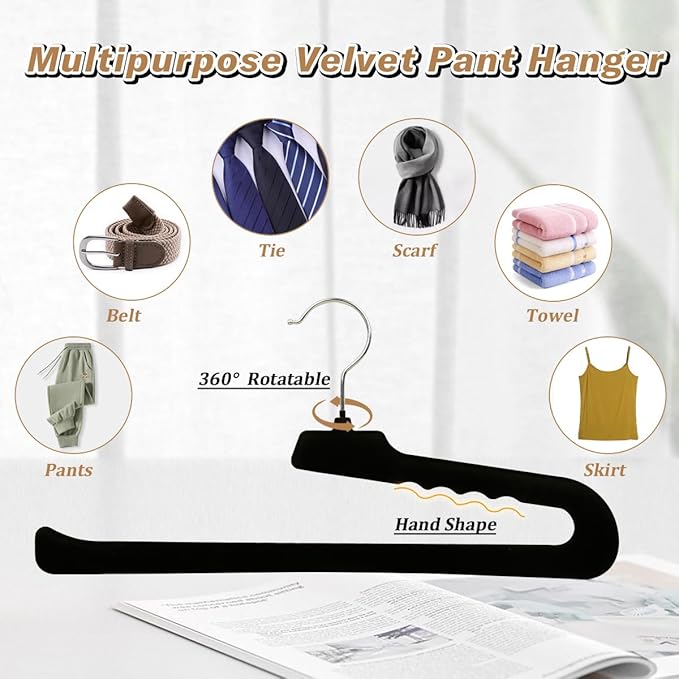 Velvet Pants Hangers,16 Pack Black Non Slip Felt Slack/Trouser Hanger,Slim & Sleek Heavy Duty Space Saving Closet Hanger with 360° Swivel Hook,Tank Top Hangers for Shorts,Jeans,Suit Pants,Towel