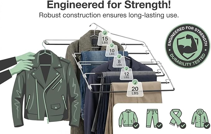 USTECH Arm Pants Hanger-4 Tier, Multi Tier Swing Hanger with Foam Padding & Removable Arm, Storage Organizer, Pack of 2