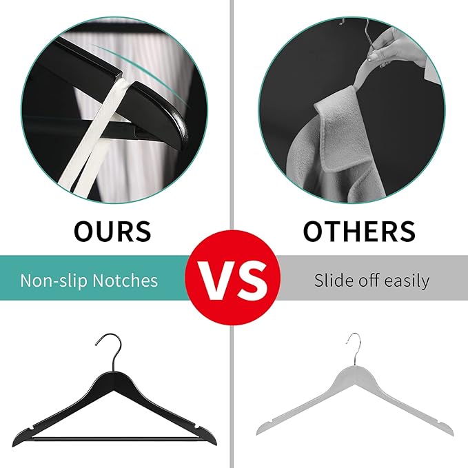 20 Pack Wooden Hangers — Premium Solid Wood Suit & Coat Hangers with Non-Slip Pants Bar, Silent Coated Hooks, 360° Swivel for Closet Organization (Black)