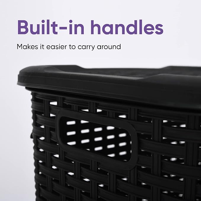 Plastic Laundry Hamper with Lid 3 Pack Laundry Hamper Basket, Black Tall Cloths Hamper Organizer with Cut-out Handles. Space Saving for Laundry Room Bedroom Bathroom, Wicker Design 60 Liter