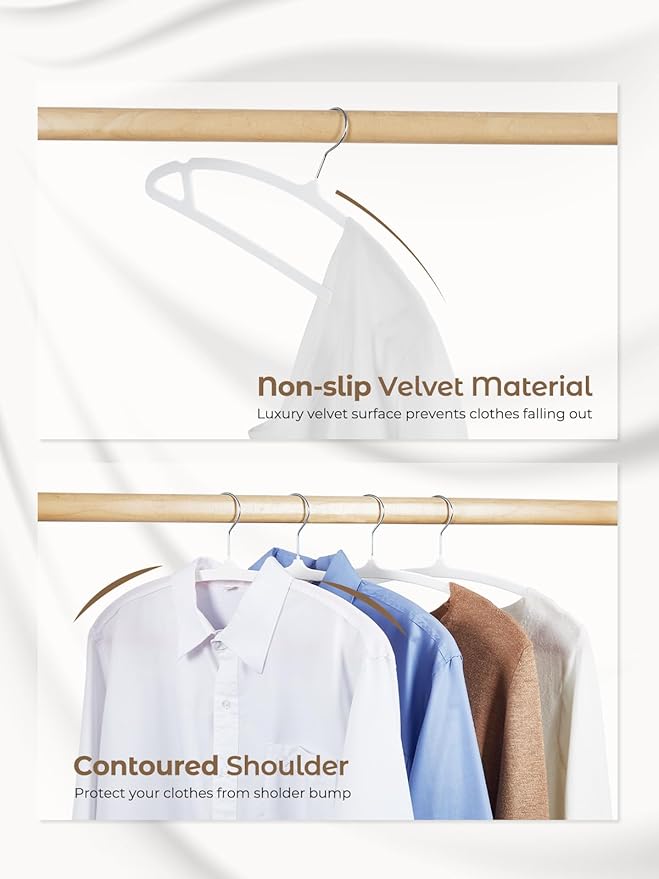 HOUSE DAY White Velvet Hangers 20 Pack, Luxury Non Slip Felt Hangers, Space Saving White Clothes Hanger Heavy Duty, No Shoulder Bump Focked Hanger with 360° Swivel Hook for Closet