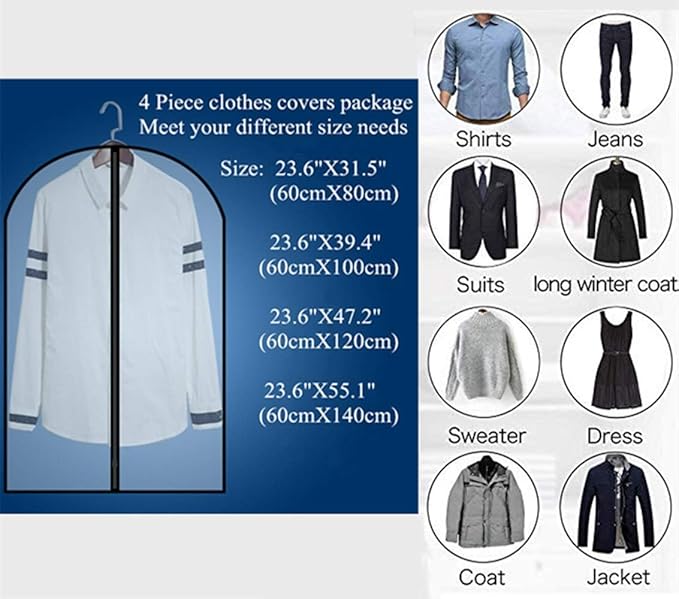 Clear Clothes Covers Hanging Dust Proof Garment Bags with Zipper for Coat Dress Gowns Shirts Jacket Sweater Black Edge Pack 4
