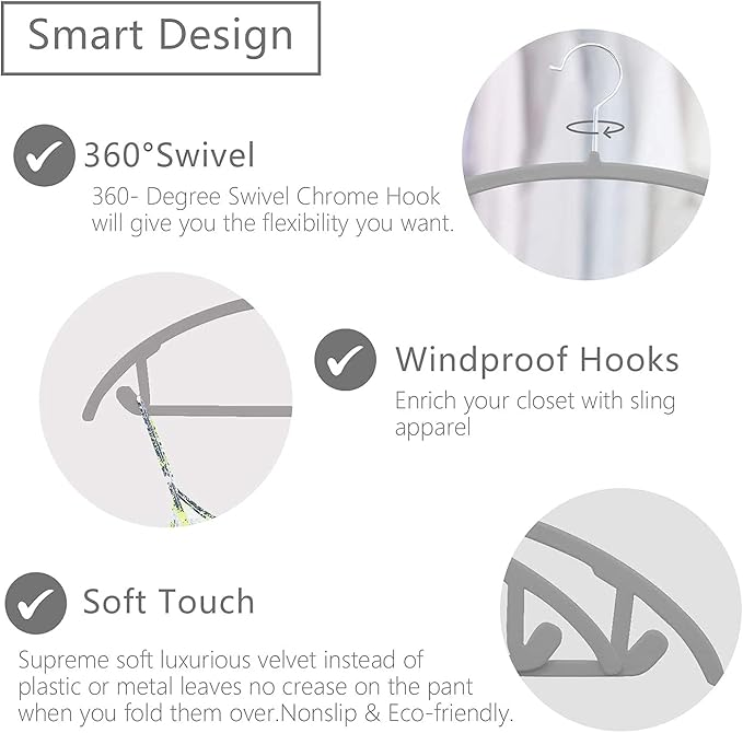 Velvet Hangers Non-Slip Hangers Premium Suit Hangers Ultra Thin Space Saving 360 Degree Swivel Hook Clothes Hangers for Suits,Coats,Jackets,Pants,Dress,Shirts (Pack of 10, Grey)