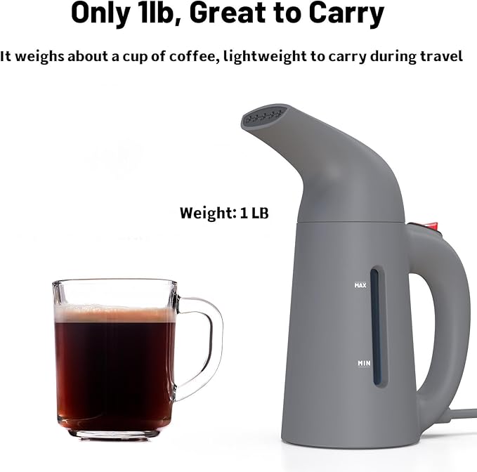Steamer for Clothes, Handheld Garment Steamer, Portable Clothes Steamer Remove Wrinkle, 180ml Water Tank, 12 minutes Continuous Steam, 2.3 meter Cord, Ideal for ALL Fabrics, One button Design (Gray)