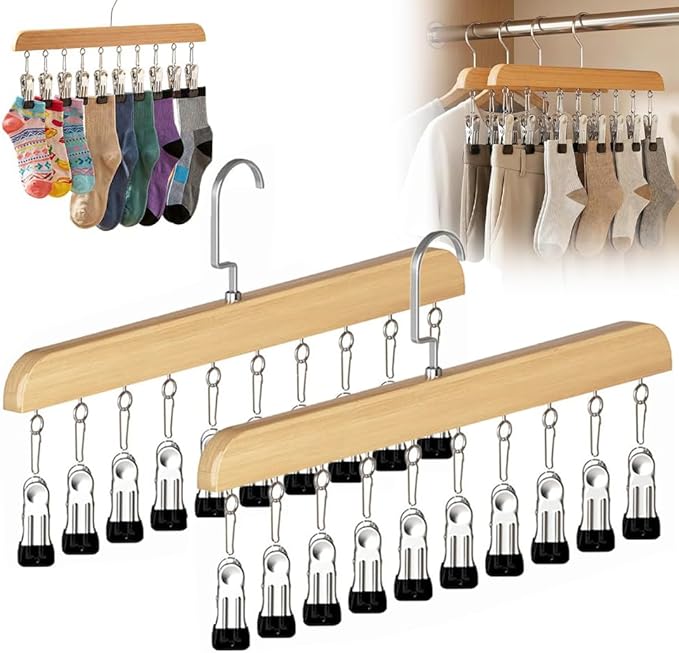 Legging Organizer for Closet, 2026 New Closet Organizer with 10 Clips, 360° Rotating Space Saving Hanging Clothes Organizer Hanging Rack for Holds 20 Leggings, Jeans, Hats, Shorts, Socks (2, Wood)
