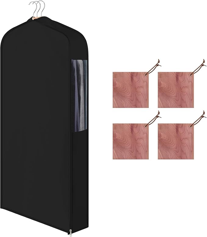 1 Set 40'' x 24'' x 6'' Short Cotton Garment Bags for Hanging Clothes and Storage, 4 Cedar Blocks for Fresh Smell and Moth Protection, Breathable Covers for Closet Suits Fur Coats Sweaters