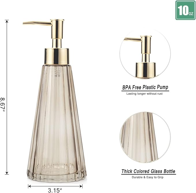 10oz/300ml Hand Soap Dispenser Bathroom, Kitchen Soap Dispenser, Glass Soap Dispenser with Gold Rust Proof Pump, Liquid Soap Dispenser with Elegant and Beautiful Color (Brown)