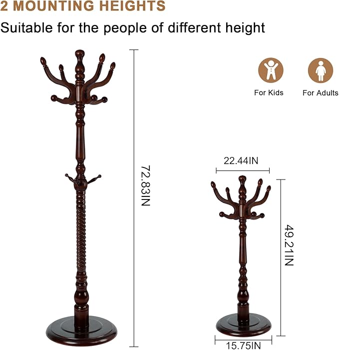 Solid Wood Coat Rack, Free Standing Hall Coat Tree with 11 Hooks, 2 Height Options, 270lbs Load, Stury Base, Clothes Rack for Entryway, Hallway, Bedroom (Disc Base - Dark Brown)