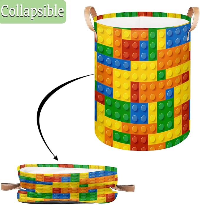 Colorful Building Blocks Large Laundry Basket - Kids Laundry Hamper with Handles - Collapsible Dirty Clothes Organizer Boys Toy Storage Bin Nursery Hamper for Bedroom Bathroom Decor