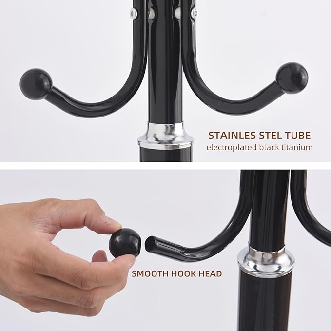Metal Coat Rack Freestanding Sturdy Heavy Duty Coat Rack Stand with Natural Marble Base Modern Coat Racks Hall Tree Hats Hanger Holder Stand with 12 Hooks for Entryway Hallway Office, Black