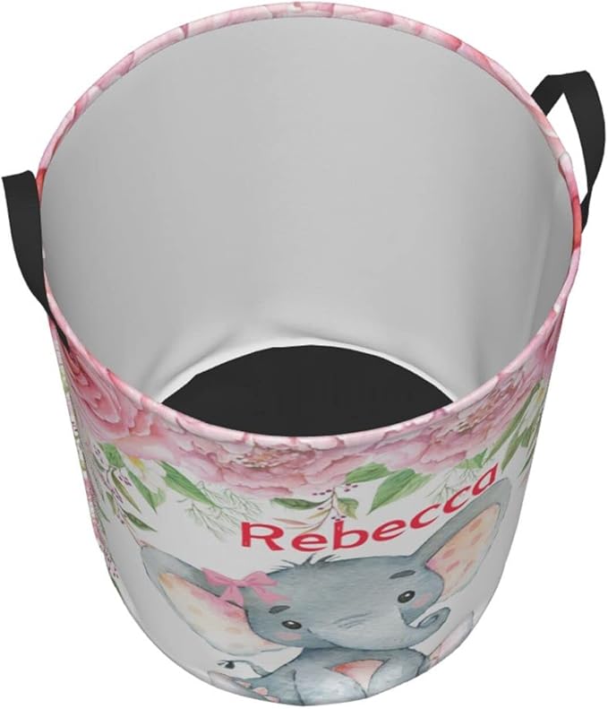 Pink Rose Elephant Personalized Laundry Hamper Custom with Name Collapsible Waterproof Storage Basket with Handles for Bedroom Decor Gift.