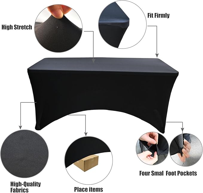 4 Pack - Elegant Black Stretch Spandex Table Cover (48Lx24Wx30H Inches), Non-Iron Fitted Tablecloth for 4-Foot Rectangular Folding Tables -Ideal for Banquets, Weddings & Festivals
