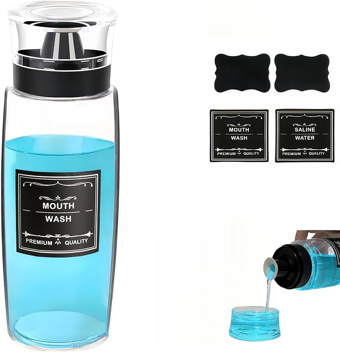 1 Pack Glass Mouthwash Dispenser, Leakproof Mouth Wash Container Bottle with Cup Lid, 9.5 OZ Refillable Clear Mouthwash Dispensers Decanter for Bathroom Farmhouse Decor/6 Pcs Label
