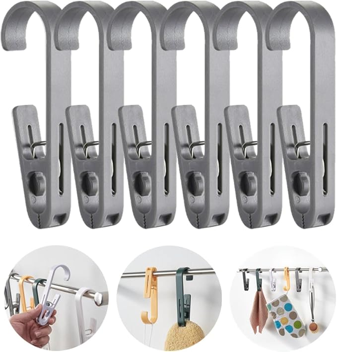 6Pcs Laundry Hooks with Clips Hanger Closet Organizer Clamps Hanging Socks Boot Bras Towels Shower Pegs for Bathroom Wardrobe Kitchen Office Holders Clothes Pins Outdoor, Grey
