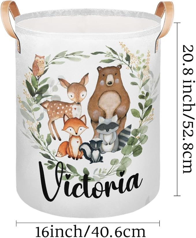 Personalized Laundry Basket, Custom Gift Laundry Hamper, Collapsible Nursery Waterproof Laundry Baskets, Dirty Clothes Toy Hamper with Handles Woodland Greenery Animals