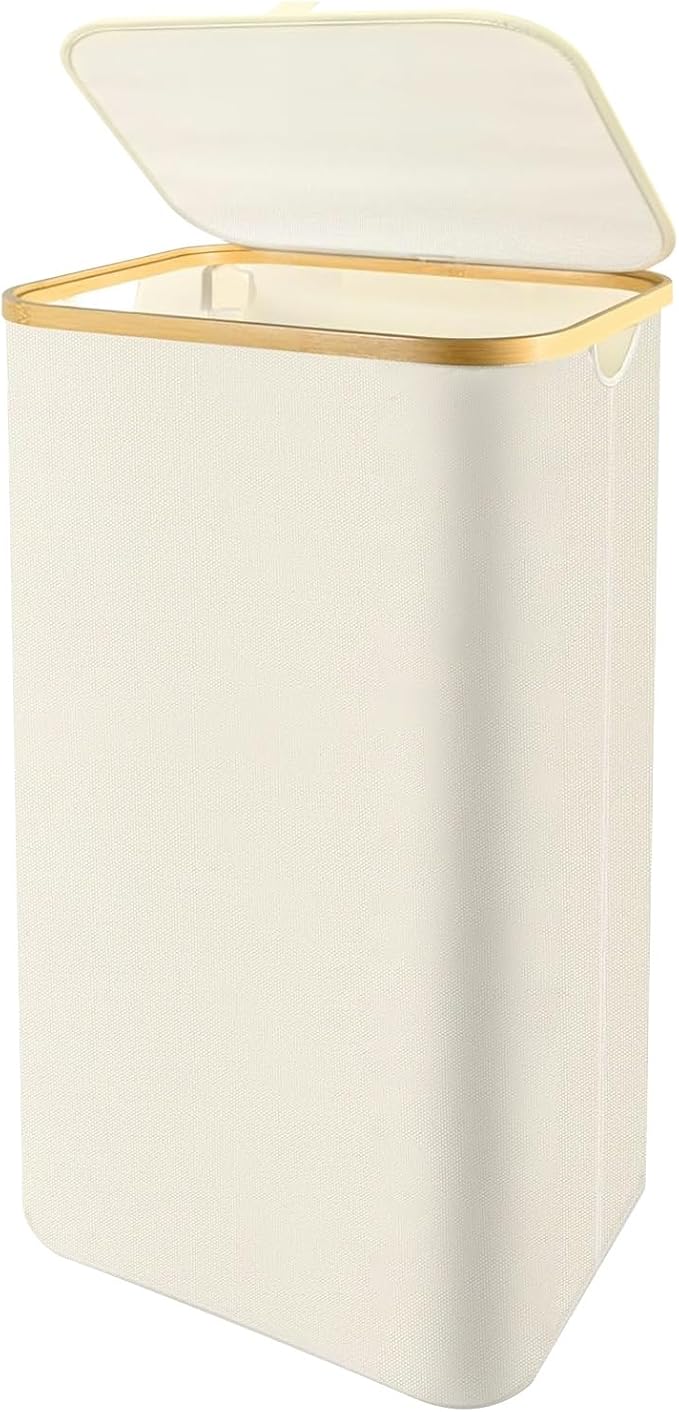 Slim Laundry Hamper with Lid - 60L Narrow Laundry Hamper with Lid, Dirty Clothes Hamper Small Hampers for Small Space, Slim Laundry Basket with Bamboo Handle (Beige)