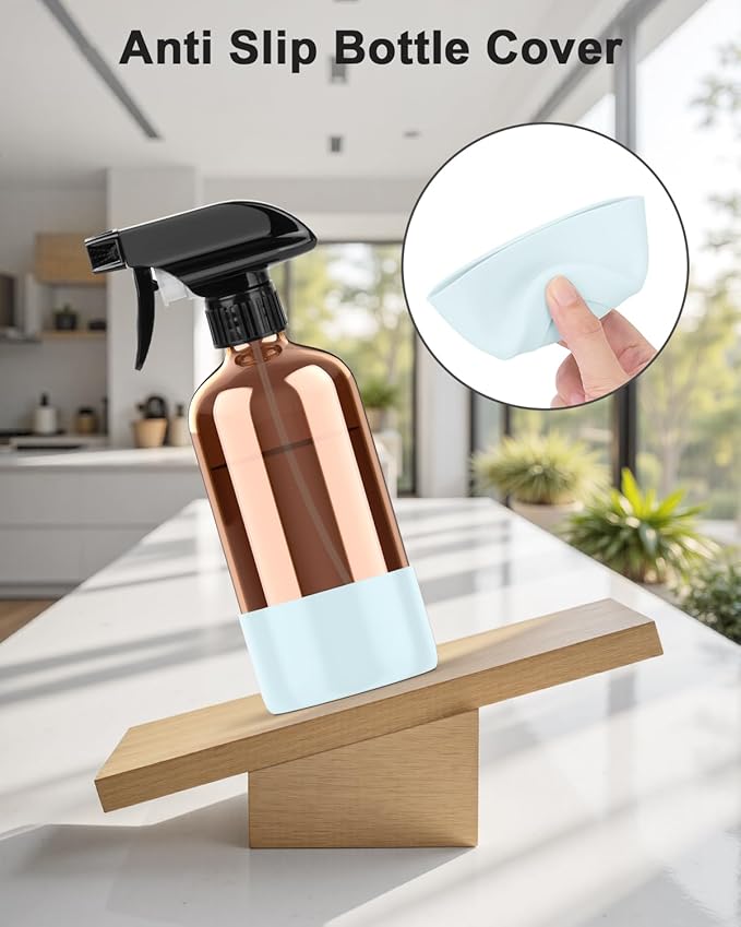 Amber Glass Spray Bottle with Silicone Sleeve Protection, 16 oz Refillable Spray Bottle for Cleaning Solutions, Plants, Aromatherapy, Facial Hydration (Blue Sleeve(Amber Bottle)