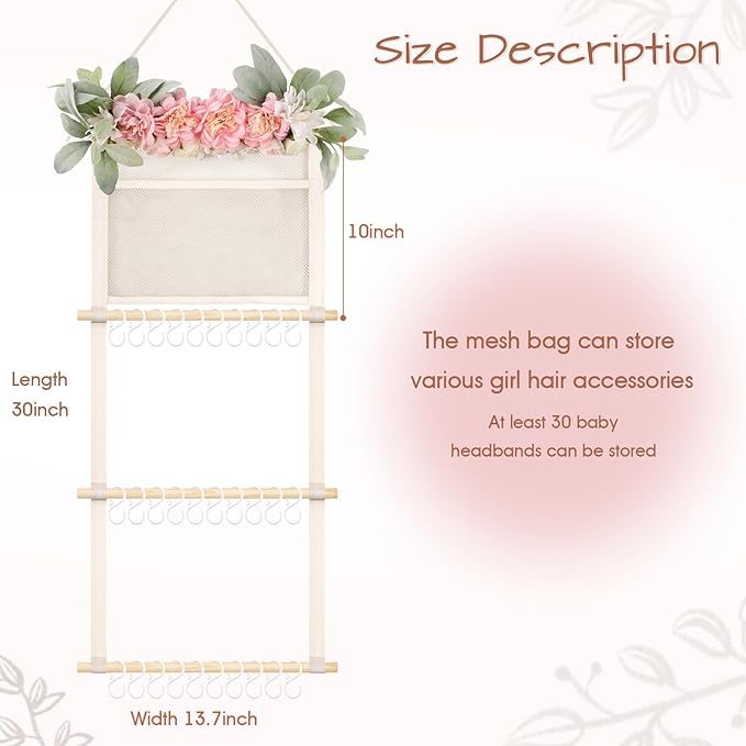 POVETIRE Headband Holder Hair Bows Organizer for Girls, 4-Layer Hair Accessories Display Storage Wall Hanging Decor for Baby Nursery Toddler Girls Room
