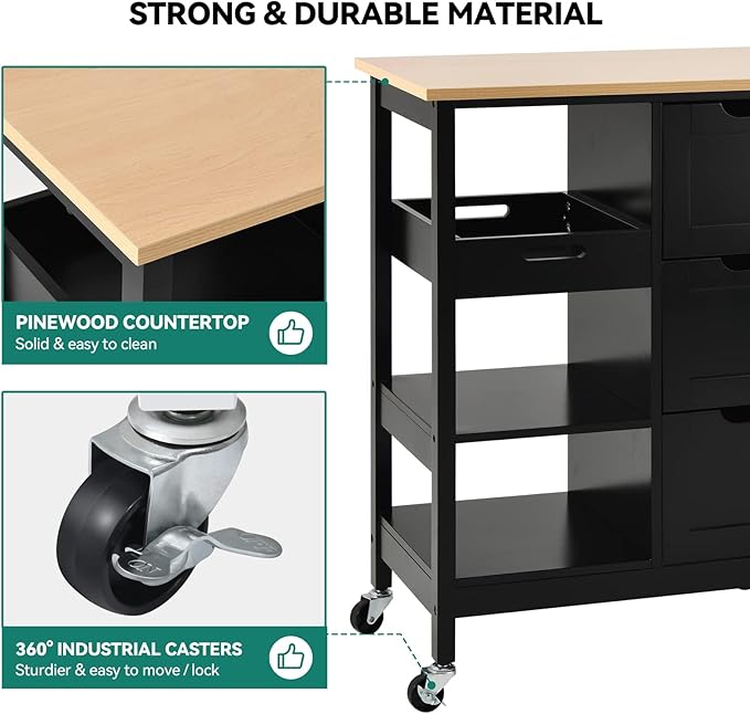 YITAHOME Kitchen Island with Storage, Kitchen Cart for Home, Rolling Serving Utility Trolley Cart on Wheel with 3 Drawers and 3 Storage Shelves, Kitchen Serving Cart for Dining Room, Bar, Black