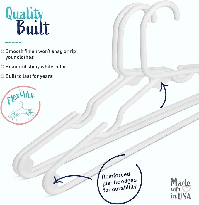 USA Made Premium Children's Clothes Hangers - Very Durable Heavy Duty Tubular Kids Hangers Plastic, Baby Hangers for Closet, 60 Pack (White)