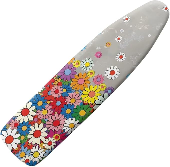 Hippie Flowers Print Marble Heat & Stain Resistant Ironing Board Cloth, Easy-Fit Iron Cover with Fasteners Elastic Edge Adjustable Fastener Straps for Ironing Board Decor