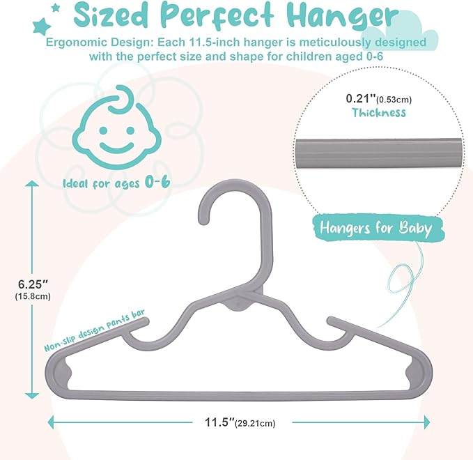 HOUSE DAY Premium Baby Hangers 20 Pack, 11 Inch Kids Plastic Hanger Grey, Slim Childrens Hangers for Infant, Toddler, Child Clothes, Non-Slip Sturdy and Durable Baby Clothes Hanger for Closet