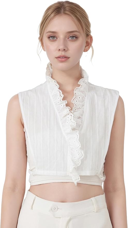 Victoria Cotton Shirts Elegant Ruffle Collar V Neck Dickey Mock Turtleneck Faux Collars for Women Girls