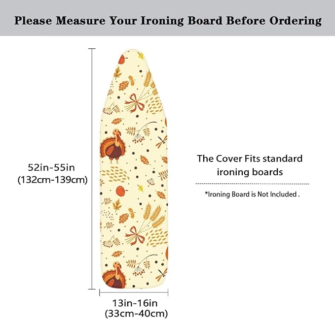 GLENLCWE Beige Ironing Board Cover,Thanksgiving Turkey Print Iron Pad Covers Non Slip with Hook and Loop,Thick Padding Iron Board Cover Protector Washable