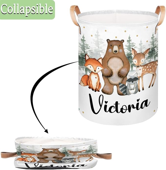 Personalized Laundry Basket, Custom Gift Laundry Hamper, Collapsible Nursery Waterproof Laundry Baskets, Dirty Clothes Toy Hamper with Handles Woodland Forest Animals